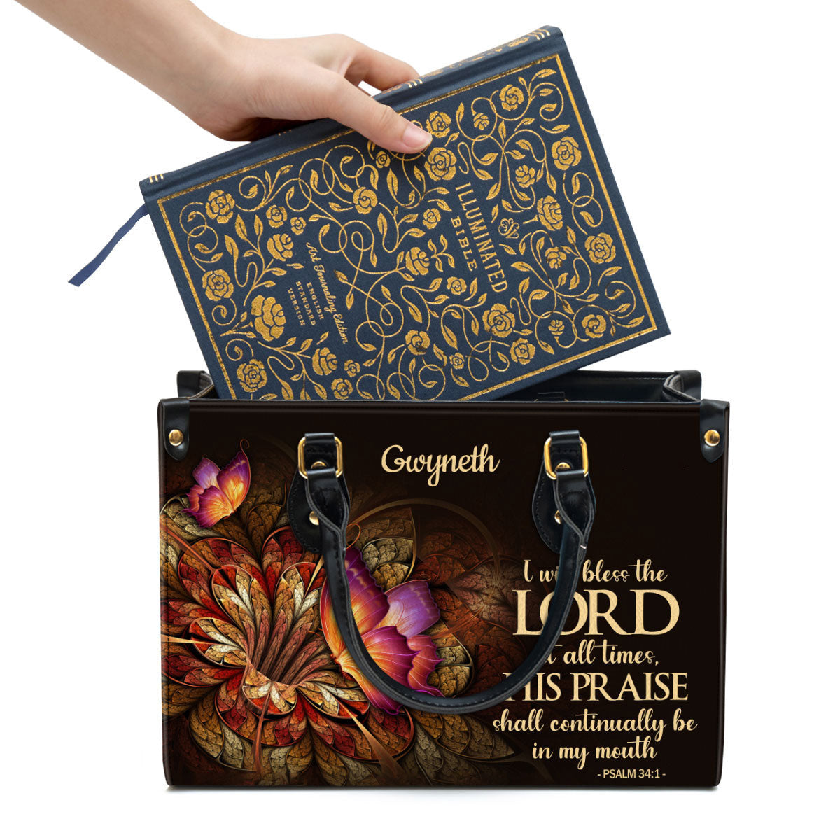 Flower & Butterfly Psalm 34 1 I Will Bless The Lord At All Times Leather Bag, Personalized Leather Bible Handbag, Christian Gifts For Women