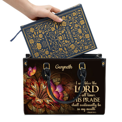 Flower & Butterfly Psalm 34 1 I Will Bless The Lord At All Times Leather Bag, Personalized Leather Bible Handbag, Christian Gifts For Women