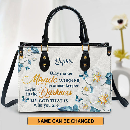 Flower & Butterfly Way Maker And Miracle Worker Leather Bag, Personalized Leather Bag With Handle For Christian Women