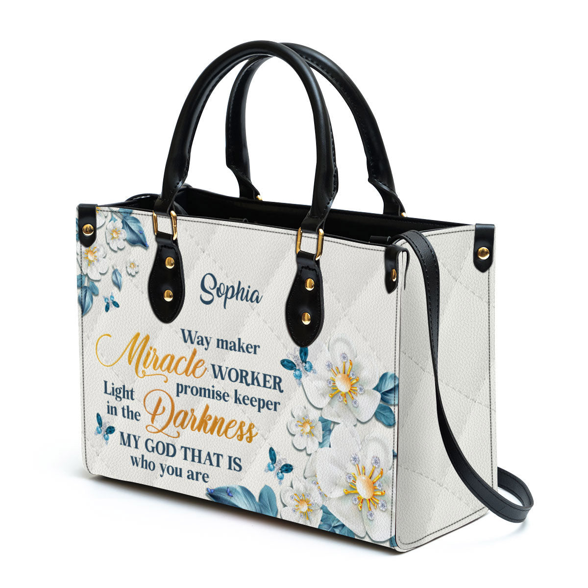 Flower & Butterfly Way Maker And Miracle Worker Leather Bag, Personalized Leather Bag With Handle For Christian Women