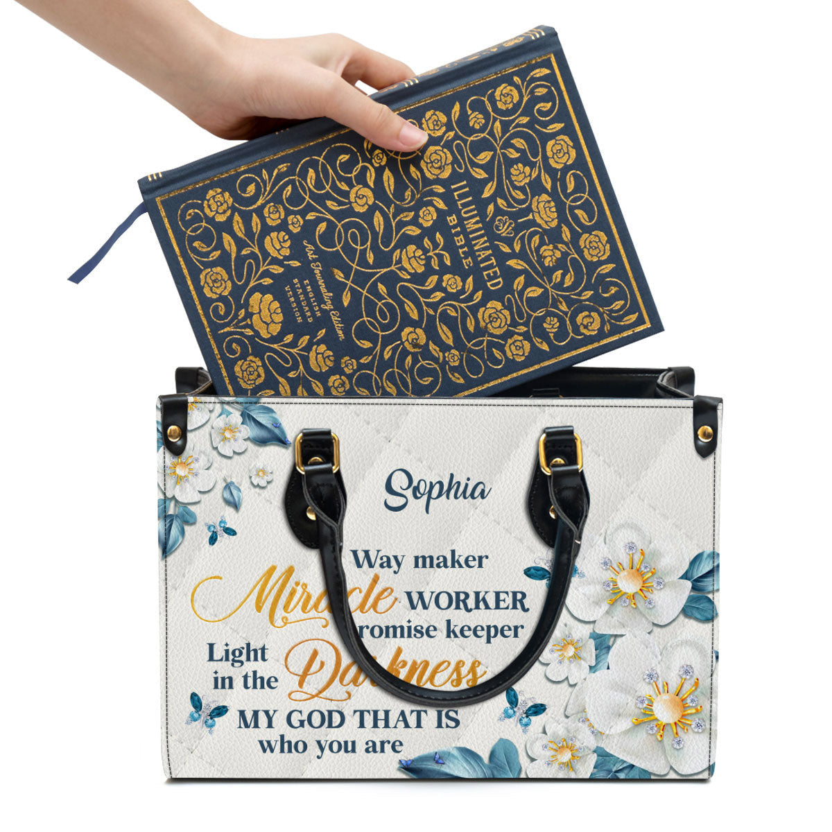 Flower & Butterfly Way Maker And Miracle Worker Leather Bag, Personalized Leather Bag With Handle For Christian Women