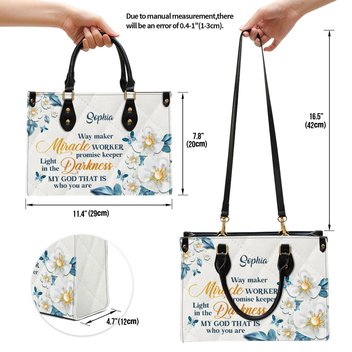 Flower & Butterfly Way Maker And Miracle Worker Leather Bag, Personalized Leather Bag With Handle For Christian Women