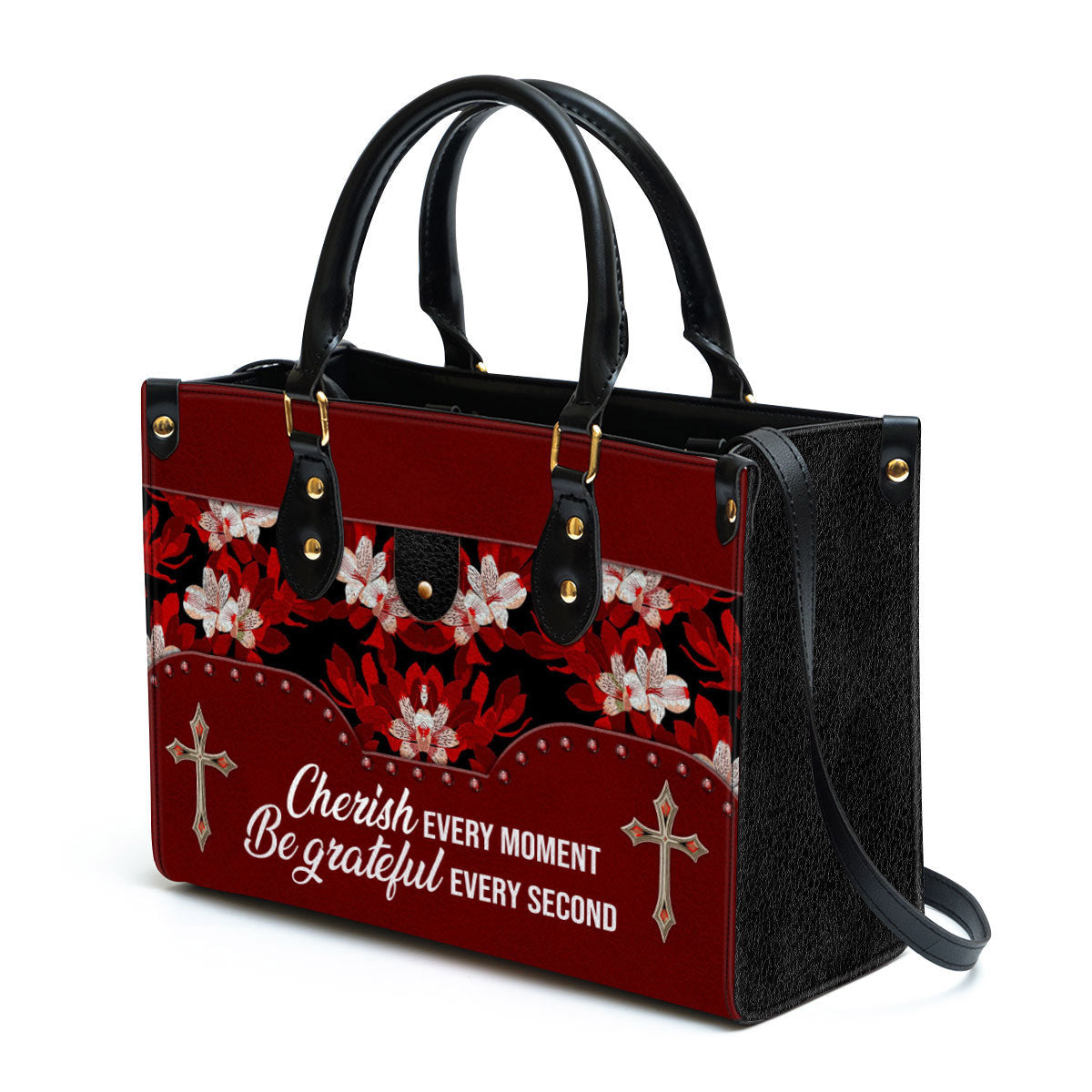 Flower Cherish Every Moment Be Grateful Every Second Leather Handbag, Religious Gifts For Women