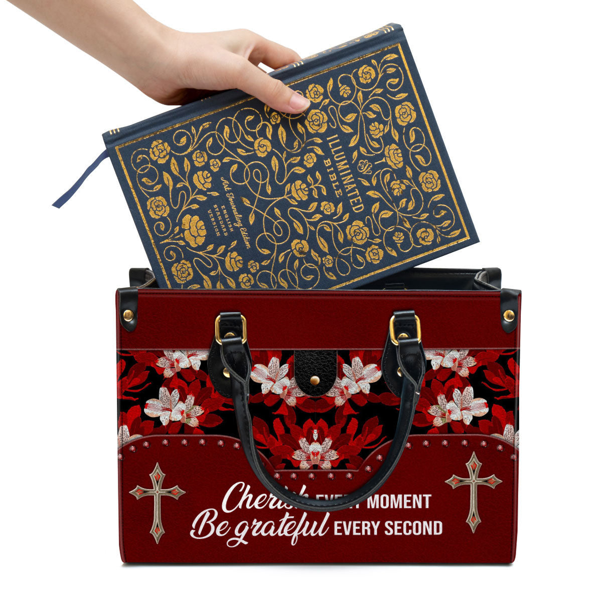 Flower Cherish Every Moment Be Grateful Every Second Leather Handbag, Religious Gifts For Women