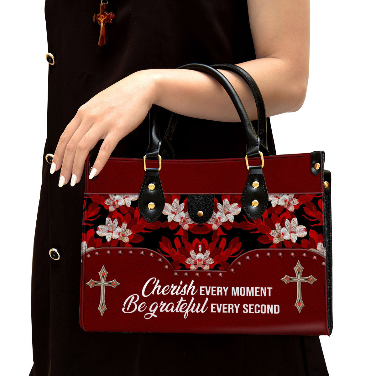 Flower Cherish Every Moment Be Grateful Every Second Leather Handbag, Religious Gifts For Women