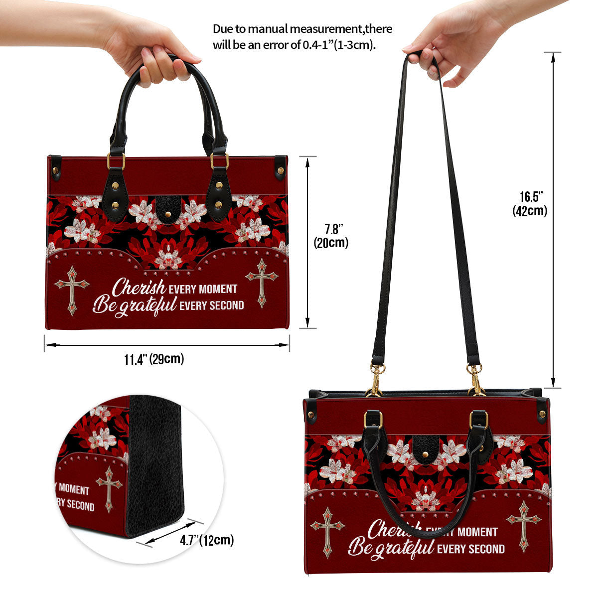 Flower Cherish Every Moment Be Grateful Every Second Leather Handbag, Religious Gifts For Women