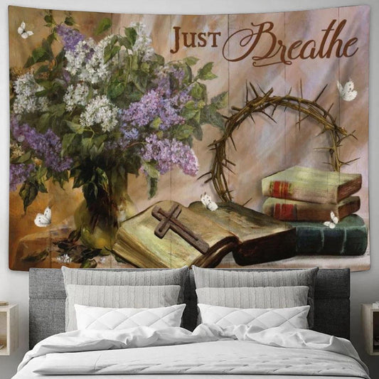 Flower, Crown Of Thorn, Antique Bible, Just Breathe Tapestry, Tapestries for Living Room Bedroom