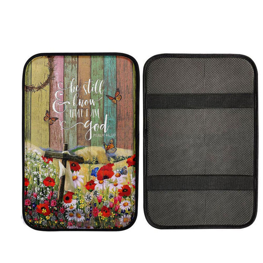 Flower Field Butterfly Be Still And Know That I Am God Car Center Console Cover, Christian Car Armrest Accessories