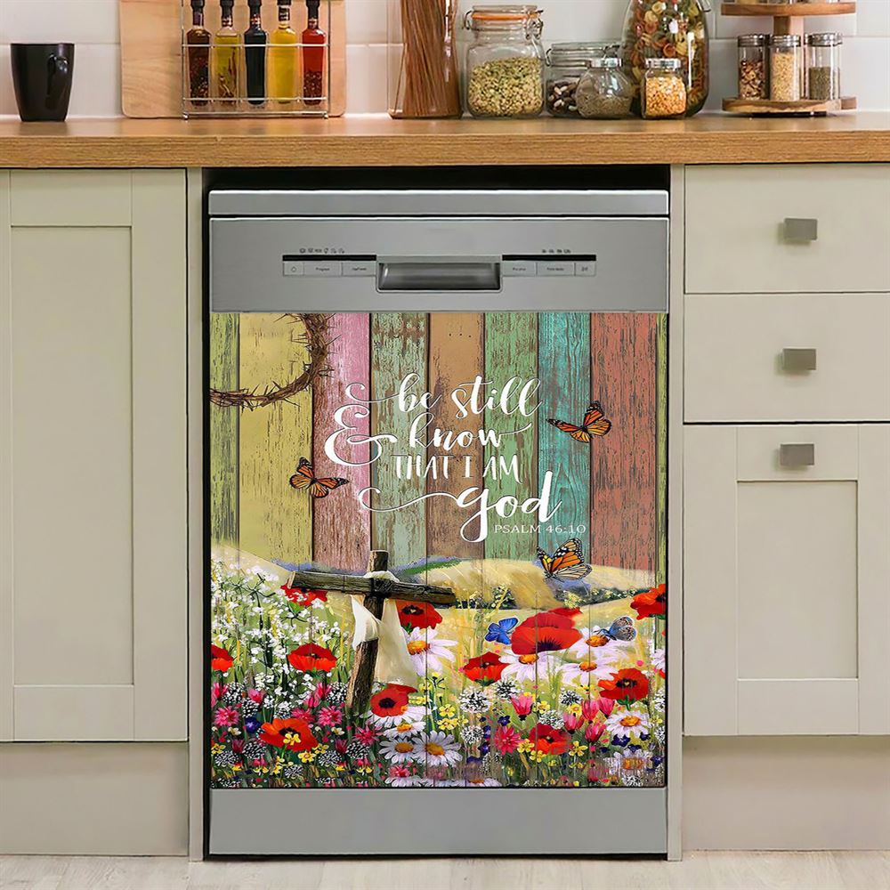 Flower Field Butterfly Be Still And Know That I Am God Dishwasher Cover, Christian Dishwasher Magnet Cover, Bible Verse Kitchen Decor