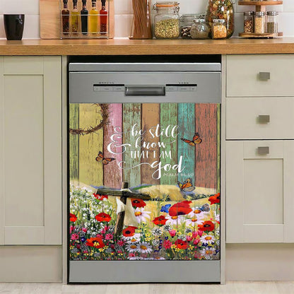 Flower Field Butterfly Be Still And Know That I Am God Dishwasher Cover, Christian Dishwasher Magnet Cover, Bible Verse Kitchen Decor