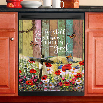 Flower Field Butterfly Be Still And Know That I Am God Dishwasher Cover, Christian Dishwasher Magnet Cover, Bible Verse Kitchen Decor