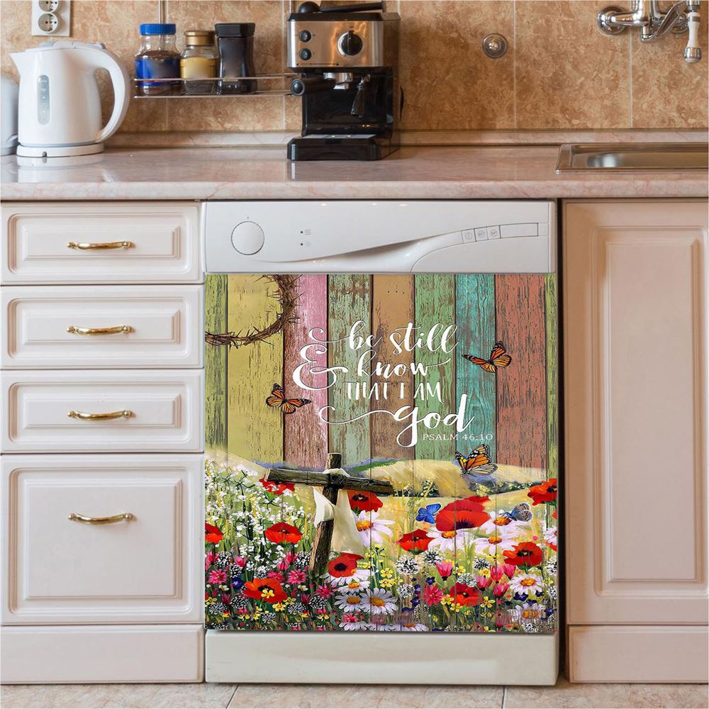 Flower Field Butterfly Be Still And Know That I Am God Dishwasher Cover, Christian Dishwasher Magnet Cover, Bible Verse Kitchen Decor