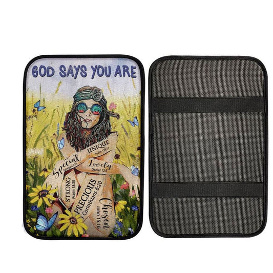 Flower Field, Green Meadow, Hippie, God Says You Are Car Center Console Cover, Car Armrest Pad, Christian Gift, Armrest Box Mat