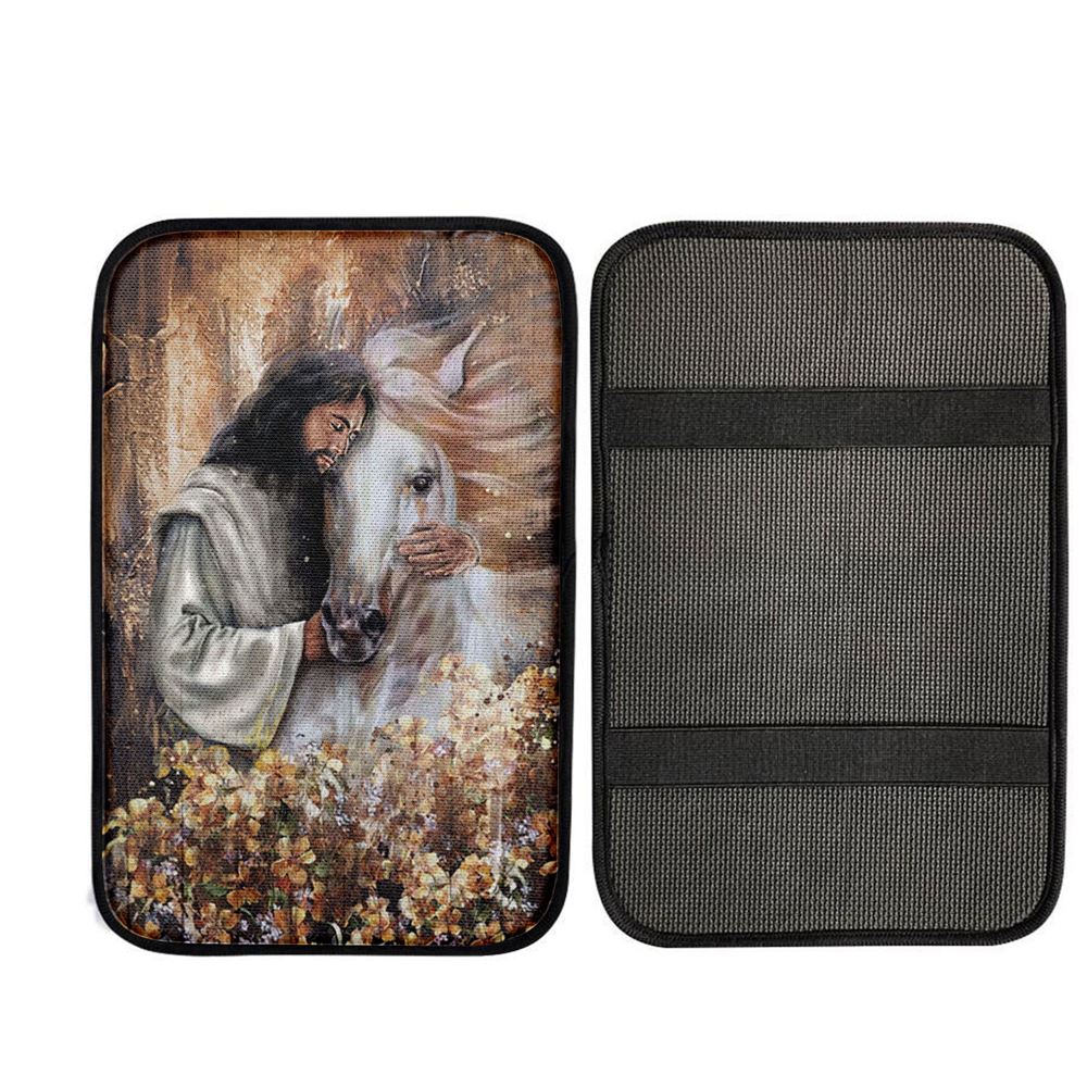 Flower Garden Jesus Hugging A Horse Car Center Console Cover, Christian Car Armrest Accessories