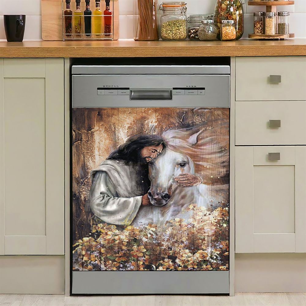 Flower Garden Jesus Hugging A Horse Dishwasher Cover, Bible Verse Dishwasher Magnet Cover, Christian Inspirational Kitchen Decor