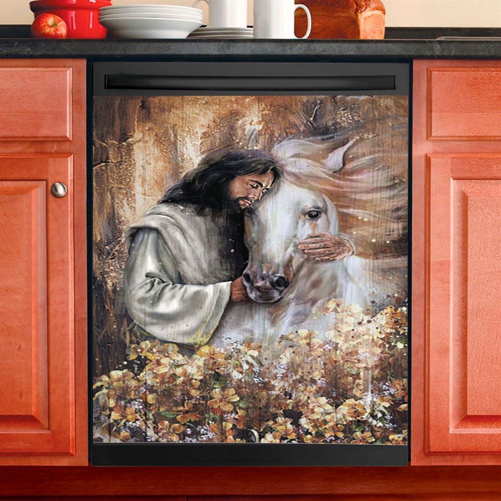 Flower Garden Jesus Hugging A Horse Dishwasher Cover, Bible Verse Dishwasher Magnet Cover, Christian Inspirational Kitchen Decor