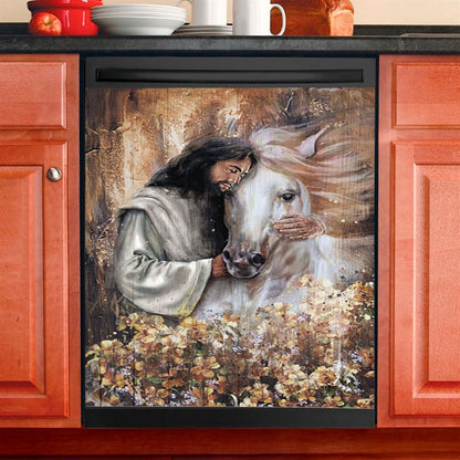 Flower Garden Jesus Hugging A Horse Dishwasher Cover, Bible Verse Dishwasher Magnet Cover, Christian Inspirational Kitchen Decor