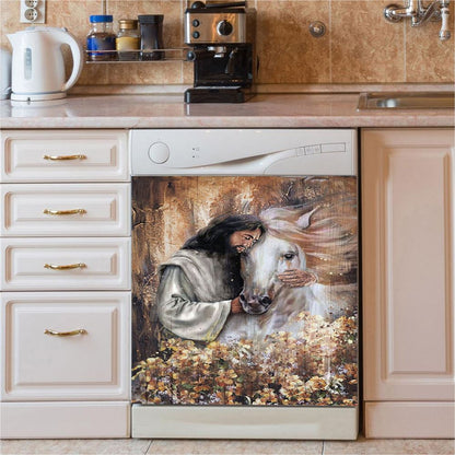 Flower Garden Jesus Hugging A Horse Dishwasher Cover, Bible Verse Dishwasher Magnet Cover, Christian Inspirational Kitchen Decor