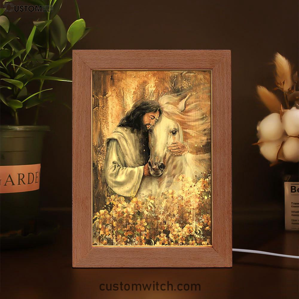Flower Garden Jesus Hugging A Horse Frame Lamp Art - Bible Verse Art - Christian Inspirational Decor