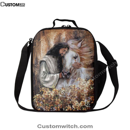 Flower Garden Jesus Hugging A Horse Lunch Bag, Christian Lunch Bag, Religious Lunch Box For School, Picnic