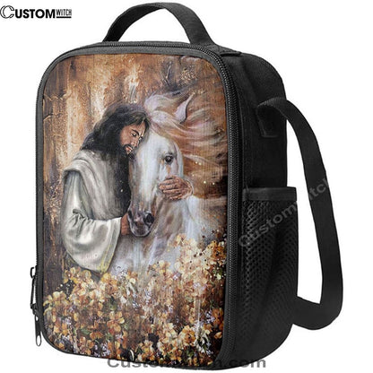 Flower Garden Jesus Hugging A Horse Lunch Bag, Christian Lunch Bag, Religious Lunch Box For School, Picnic