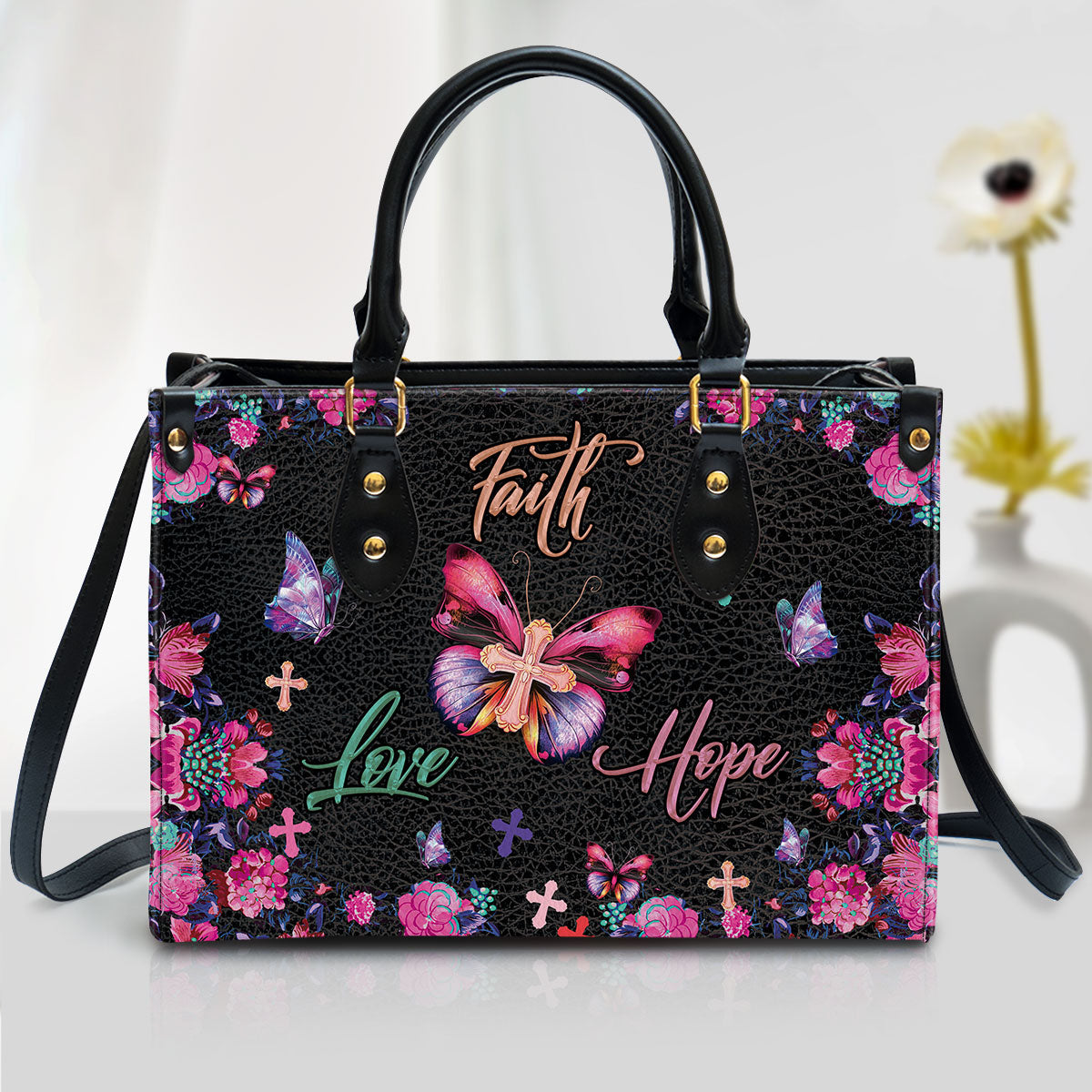 Flower Leather Handbag, Faith Hope Love Leather Bag, Religious Gifts For Women, Women Pu Leather Bag