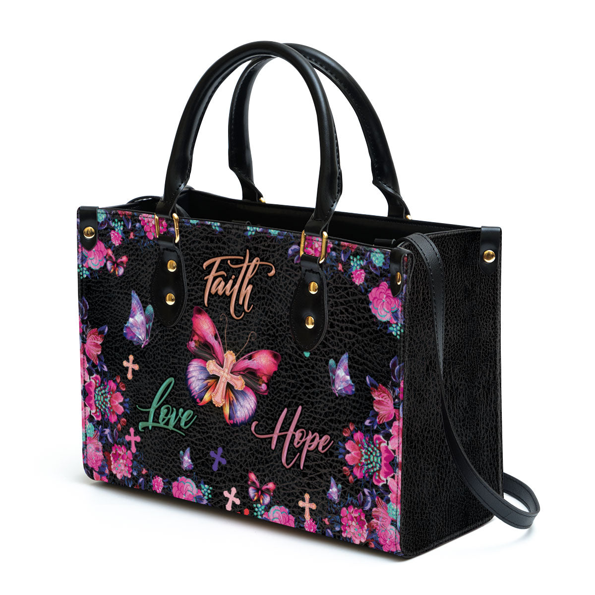 Flower Leather Handbag, Faith Hope Love Leather Bag, Religious Gifts For Women, Women Pu Leather Bag