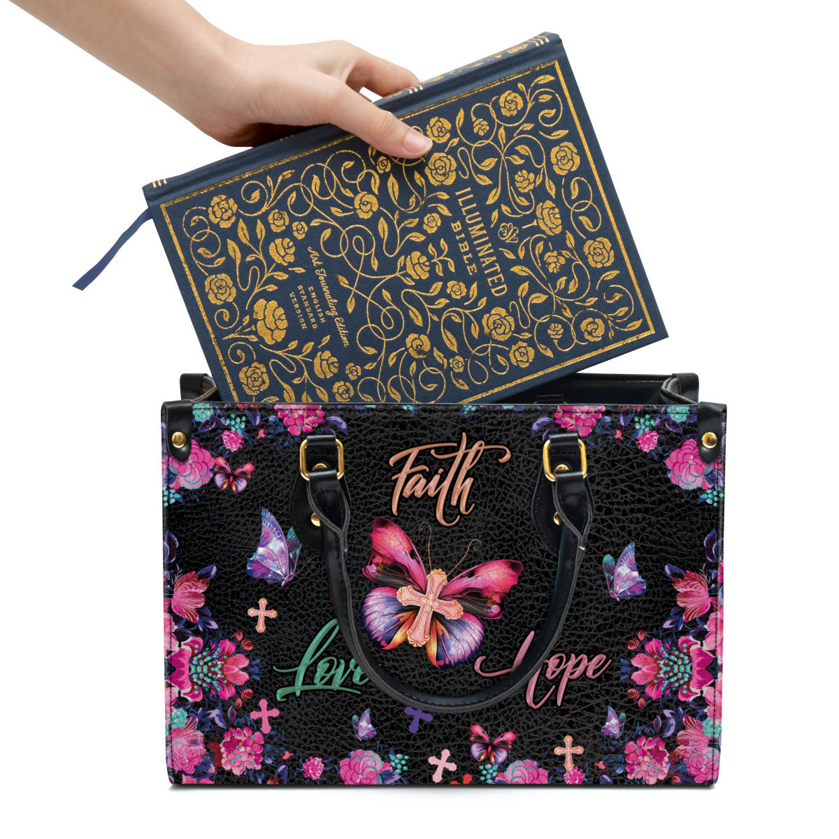 Flower Leather Handbag, Faith Hope Love Leather Bag, Religious Gifts For Women, Women Pu Leather Bag