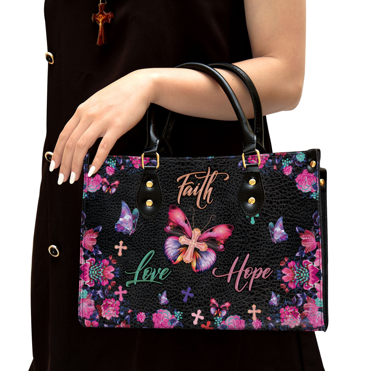 Flower Leather Handbag, Faith Hope Love Leather Bag, Religious Gifts For Women, Women Pu Leather Bag