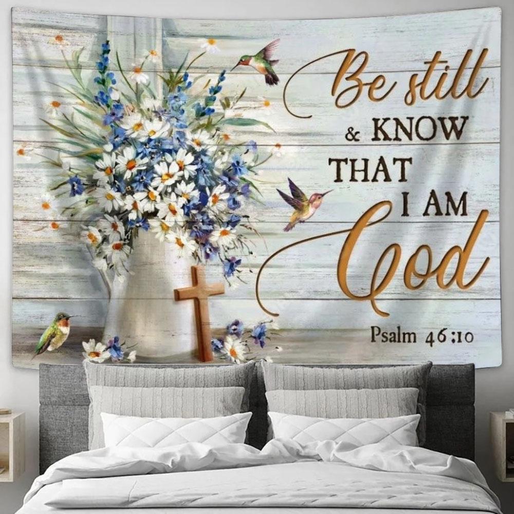 Flower Painting, Hummingbird, Cross, Bible Verse, Be Still And Know That I Am God Tapestry, Tapestries for Living Room Bedroom