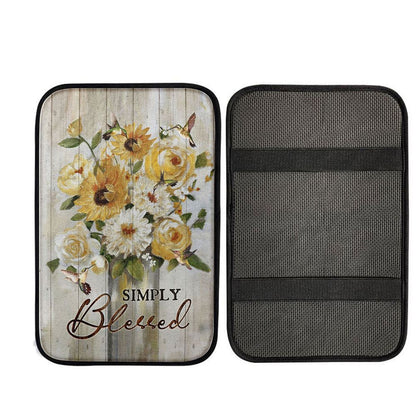 Flower Painting Hummingbird Vintage Art - Simply Blessed Car Center Console Cover, Christian Car Armrest Accessories