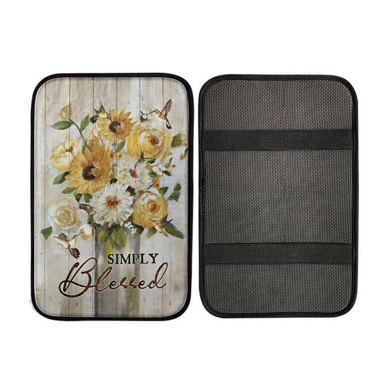 Flower Painting Hummingbird Vintage Art - Simply Blessed Car Center Console Cover, Christian Car Armrest Accessories