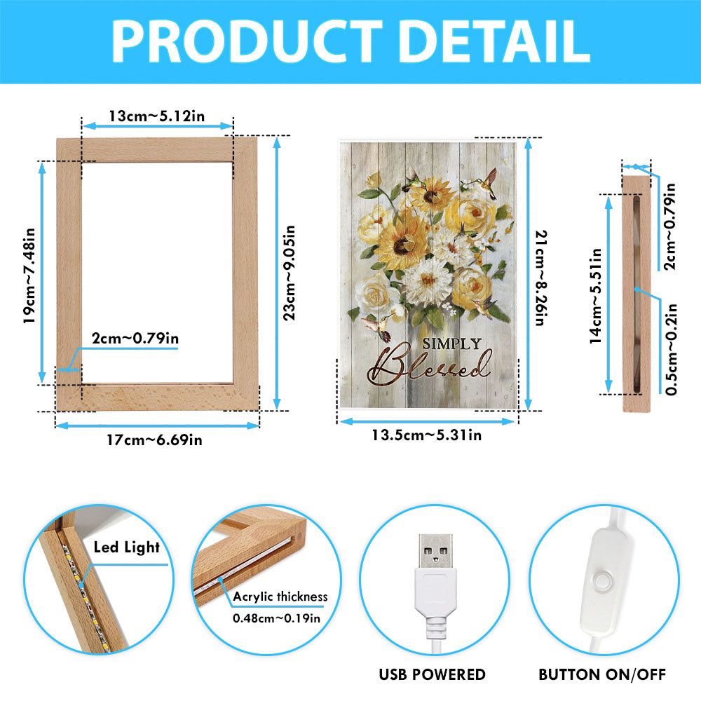 Flower Painting Hummingbird Vintage Art - Simply Blessed Frame Lamp Art - Christian Night Light - Bible Verse Wooden Lamp