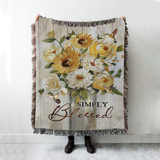 Flower Painting Hummingbird Vintage Art - Simply Blessed Woven Throw Blanket - Christian Woven Blanket Prints - Bible Verse Woven Blanket Art