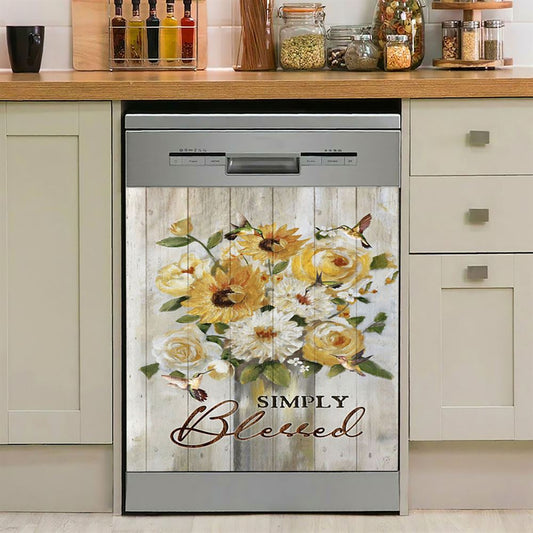 Flower Painting Hummingbird Vintage Art, Simply Blessed Dishwasher Magnet Cover, Christian Kitchen Decor