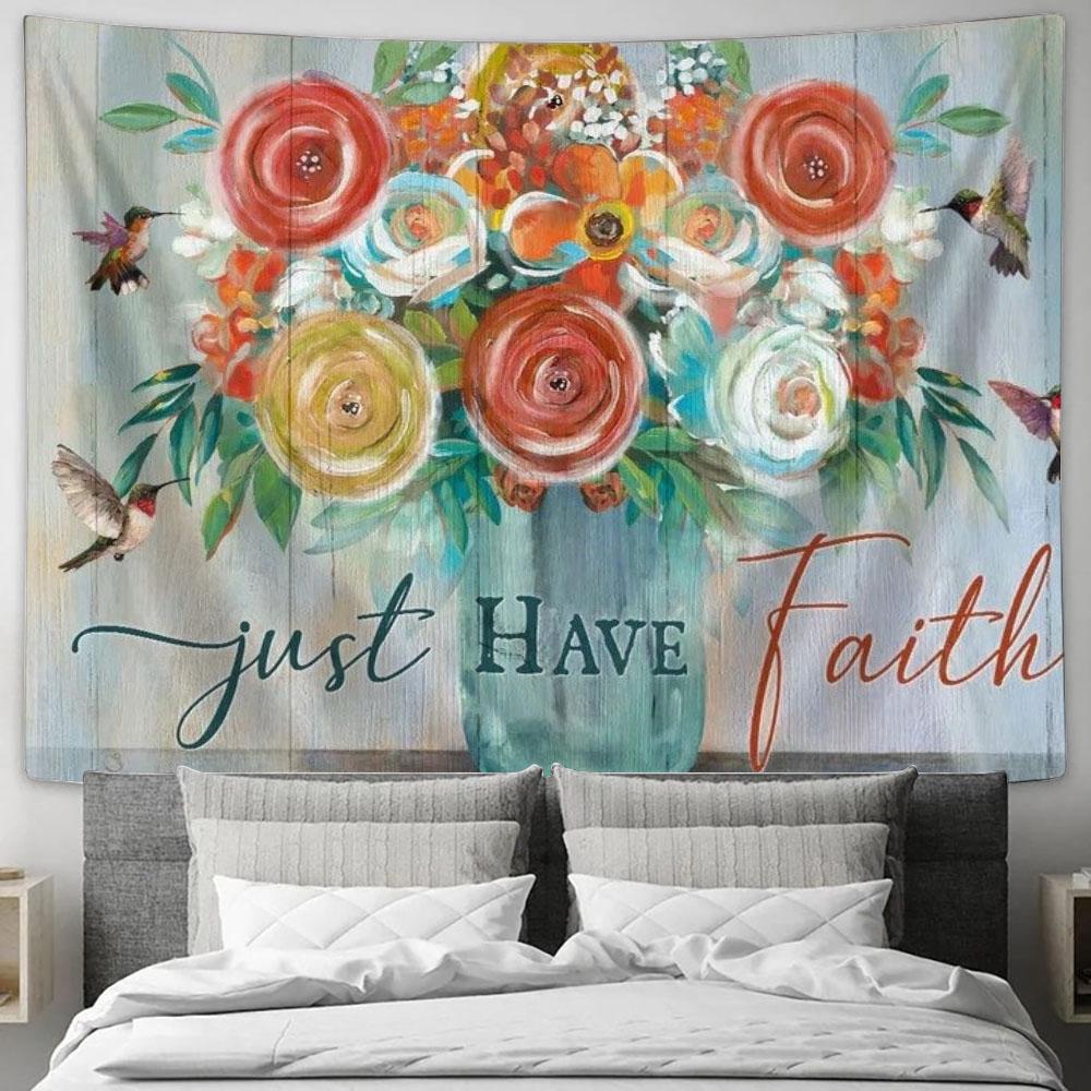Flower Painting, Rose, Hummingbirds, Just Have Faith Tapestry, Tapestries for Living Room Bedroom