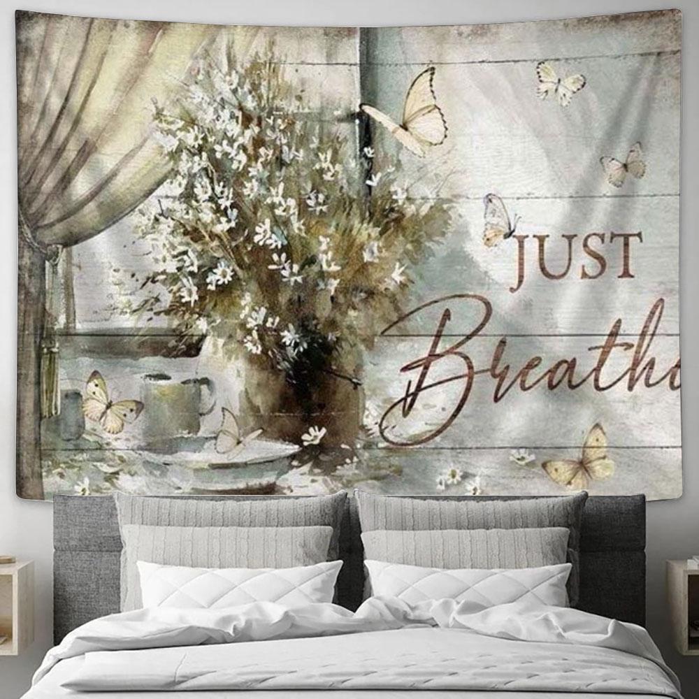 Flower Vase By The Window Vintage Painting Just Breathe Jesus Tapestry, Tapestries for Living Room Bedroom