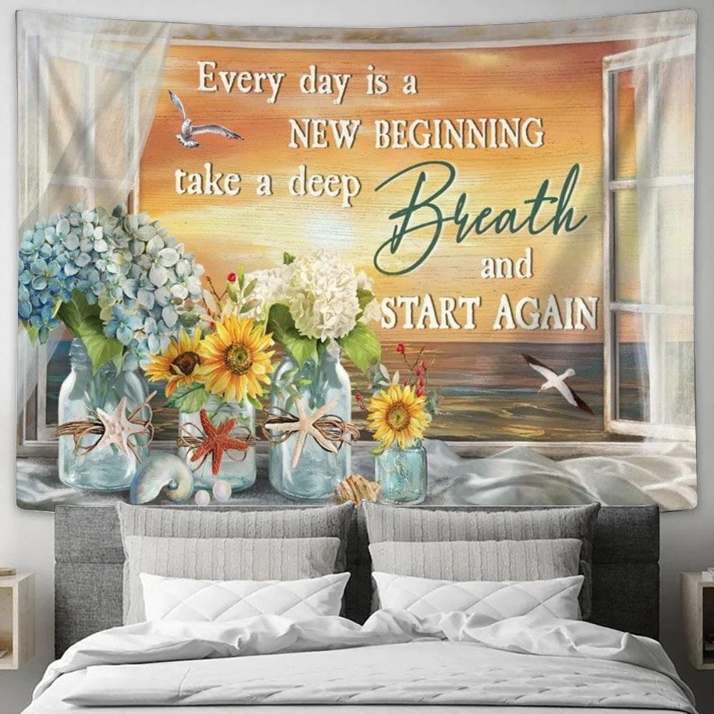 Flower Vase, Pretty Sunset, Seagull, Every Day Is A New Beginning Tapestry, Tapestries for Living Room Bedroom