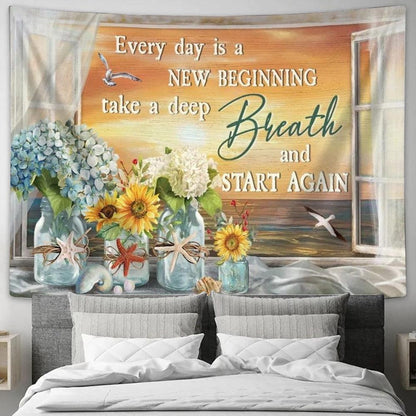 Flower Vase, Pretty Sunset, Seagull, Every Day Is A New Beginning Tapestry, Tapestries for Living Room Bedroom