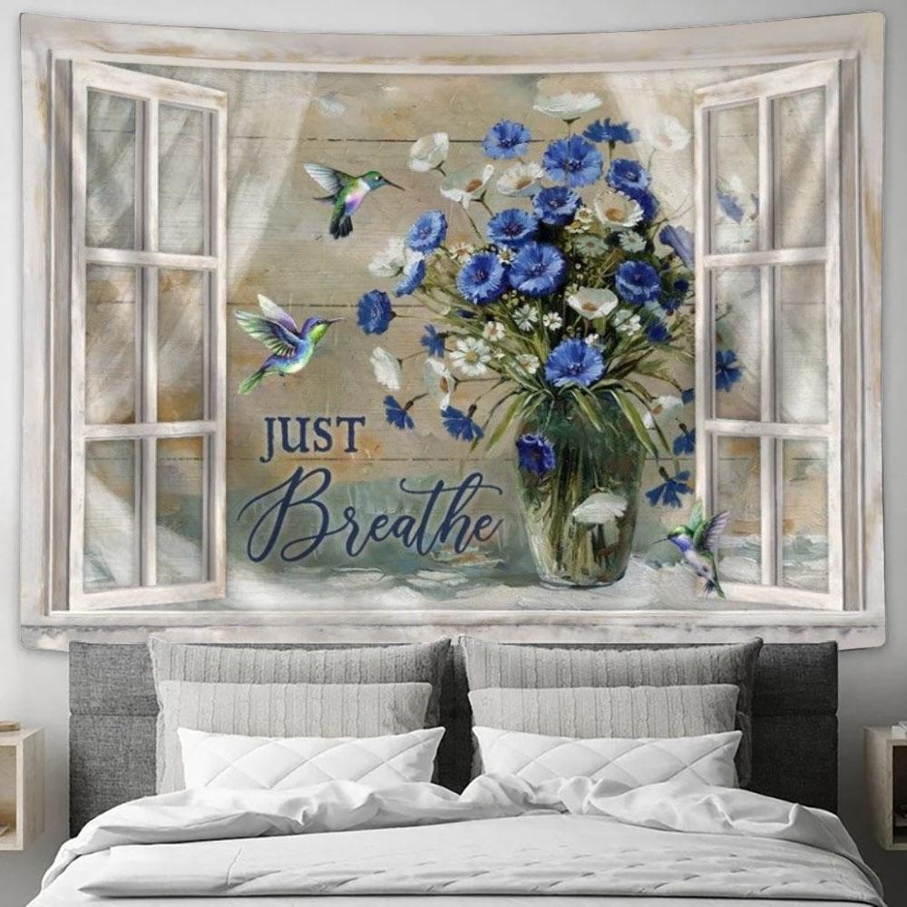 Flower Vase, Window Frame, Hummingbird, Just Breathe Tapestry, Tapestries for Living Room Bedroom