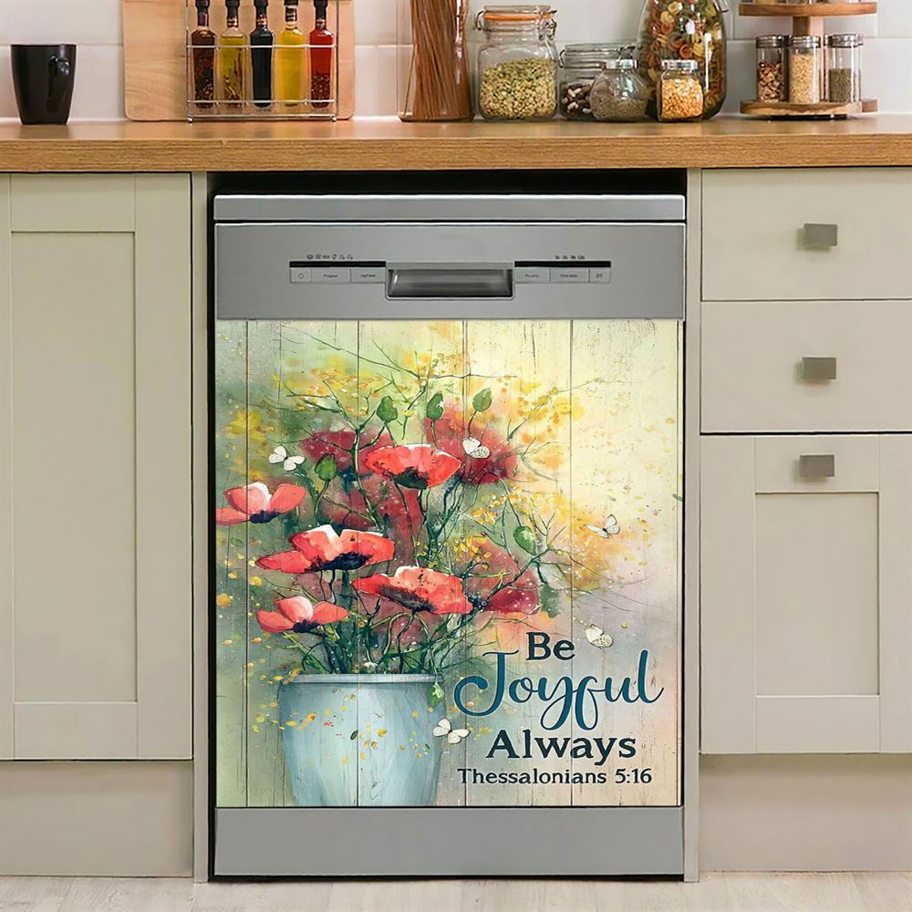 Flower White Butterfly Poppy Be Joyful Always Dishwasher Cover, Christian Dishwasher Magnet Cover, Bible Verse Kitchen Decor