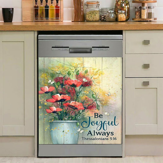 Flower White Butterfly Poppy Be Joyful Always Dishwasher Cover, Christian Dishwasher Magnet Cover, Bible Verse Kitchen Decor