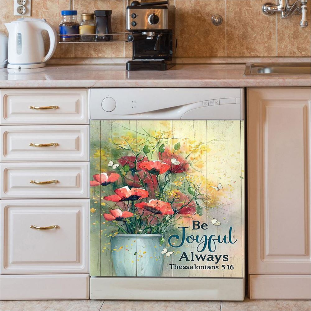 Flower White Butterfly Poppy Be Joyful Always Dishwasher Cover, Christian Dishwasher Magnet Cover, Bible Verse Kitchen Decor