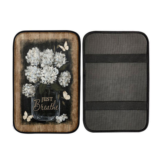 Flower White Butterfly Vintage Painting - Just Breathe Car Center Console Cover, Christian Car Accessories