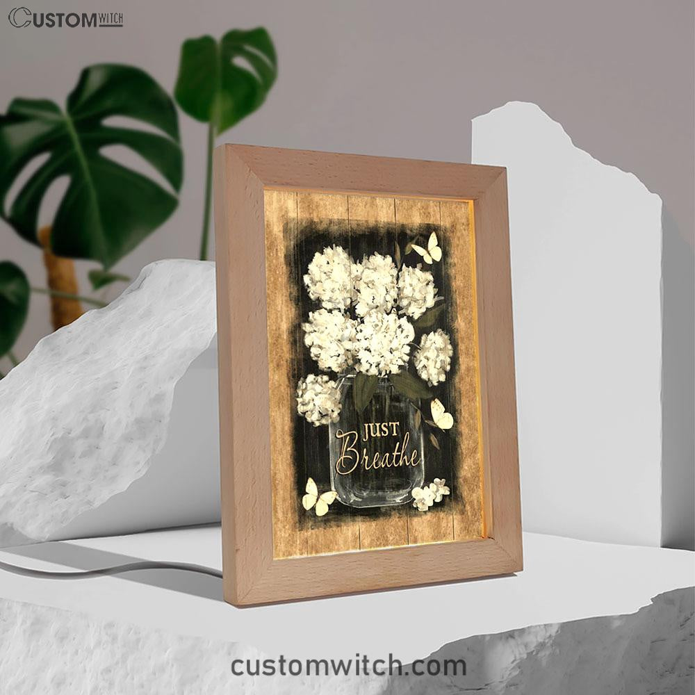 Flower White Butterfly Vintage Painting - Just Breathe Frame Lamp Art - Christian Night Light - Bible Verse Wooden Lamp