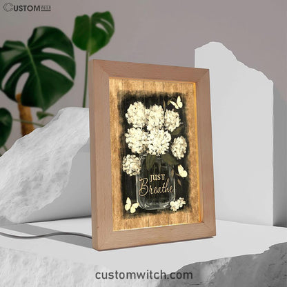 Flower White Butterfly Vintage Painting - Just Breathe Frame Lamp Art - Christian Night Light - Bible Verse Wooden Lamp