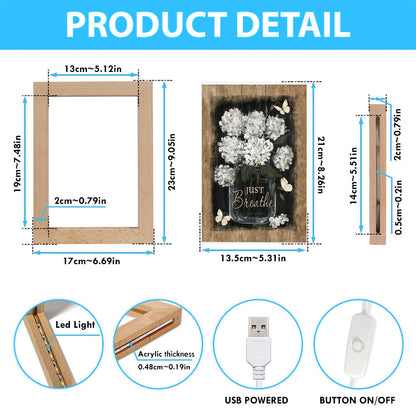 Flower White Butterfly Vintage Painting - Just Breathe Frame Lamp Art - Christian Night Light - Bible Verse Wooden Lamp