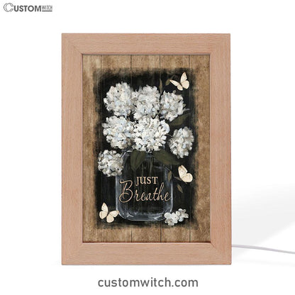 Flower White Butterfly Vintage Painting - Just Breathe Frame Lamp Art - Christian Night Light - Bible Verse Wooden Lamp