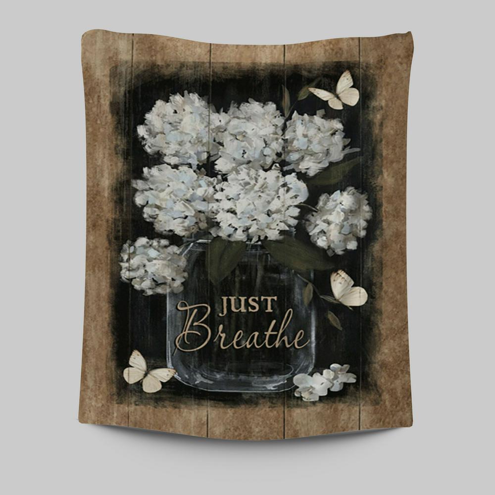 Flower White Butterfly Vintage Painting - Just Breathe Tapestry Wall Art - Christian Tapestries Prints - Bible Verse Tapestry Art