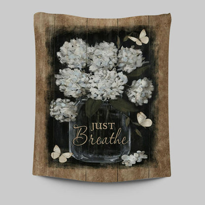 Flower White Butterfly Vintage Painting - Just Breathe Tapestry Wall Art - Christian Tapestries Prints - Bible Verse Tapestry Art